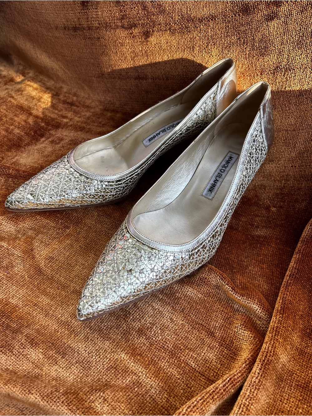 Manolo Blahnik Metallic Gold Pointed Toe Kitten Heel Pump